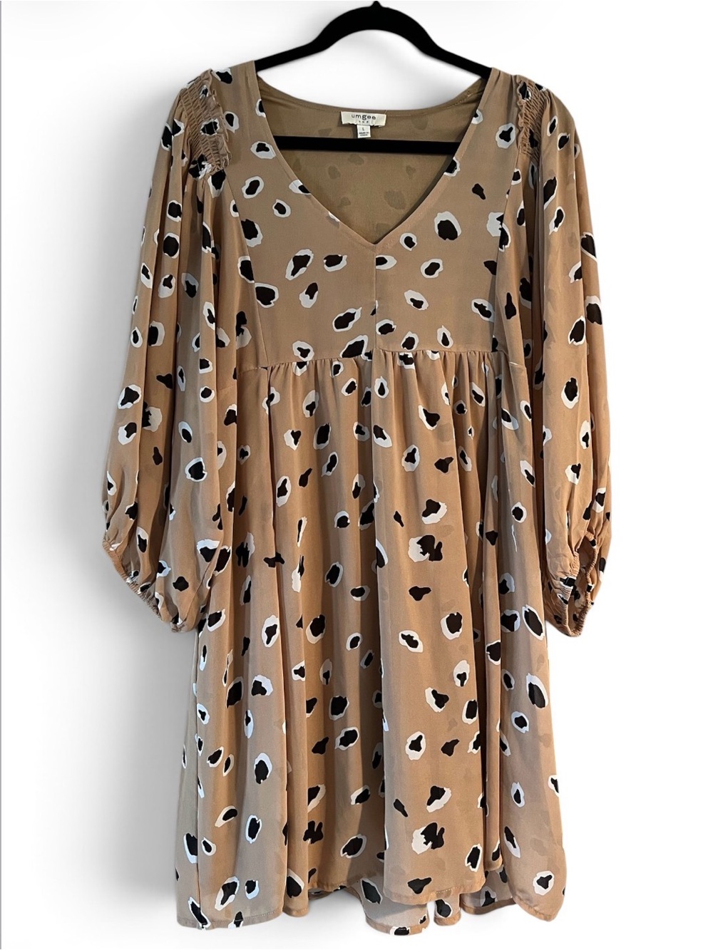 Umgee Smocked V-Neck Animal Print Babydoll Dress - Beige